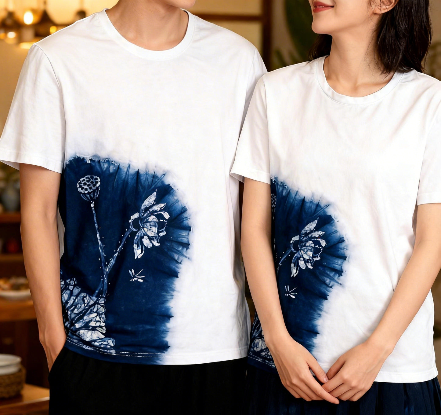 Indigo Batik Lotus Seed Pod T-Shirt , Blue & White Hand-painted Summer Vacation Boho Vintage  T-Shirt,  Cotton Shibori Tie-Dye, Sustainable Artistic Top, Hand-Dyed, Indigo-Dyed #BH21H