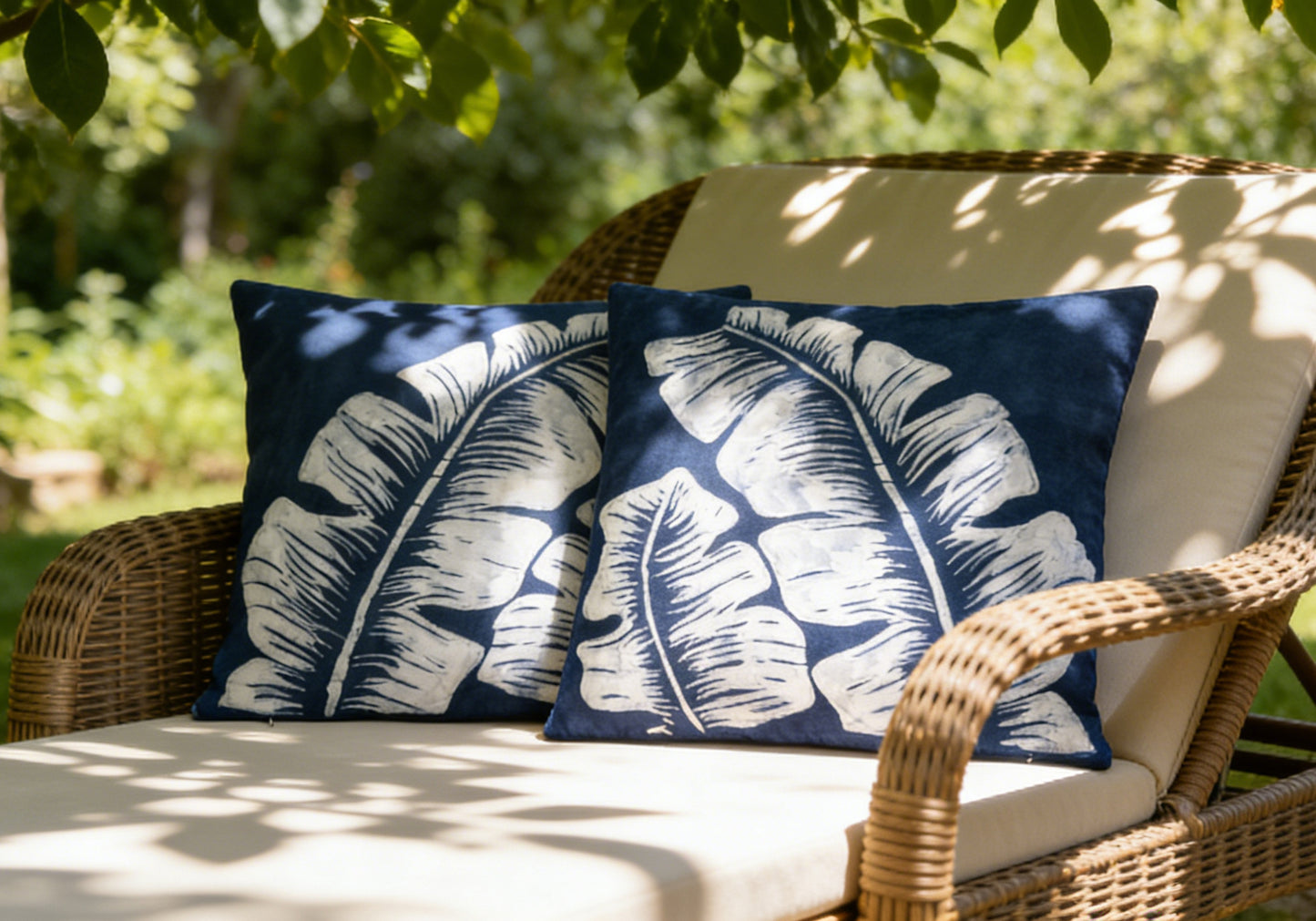 Indigo Batik Pillow Cover – Hand-painted Indigo Tie-Dye Pillow Covers, Banana Leaf Shadow, Zen Home Decor, Hand-dyed Cotton Boho Farmhouse Decor #BH06F