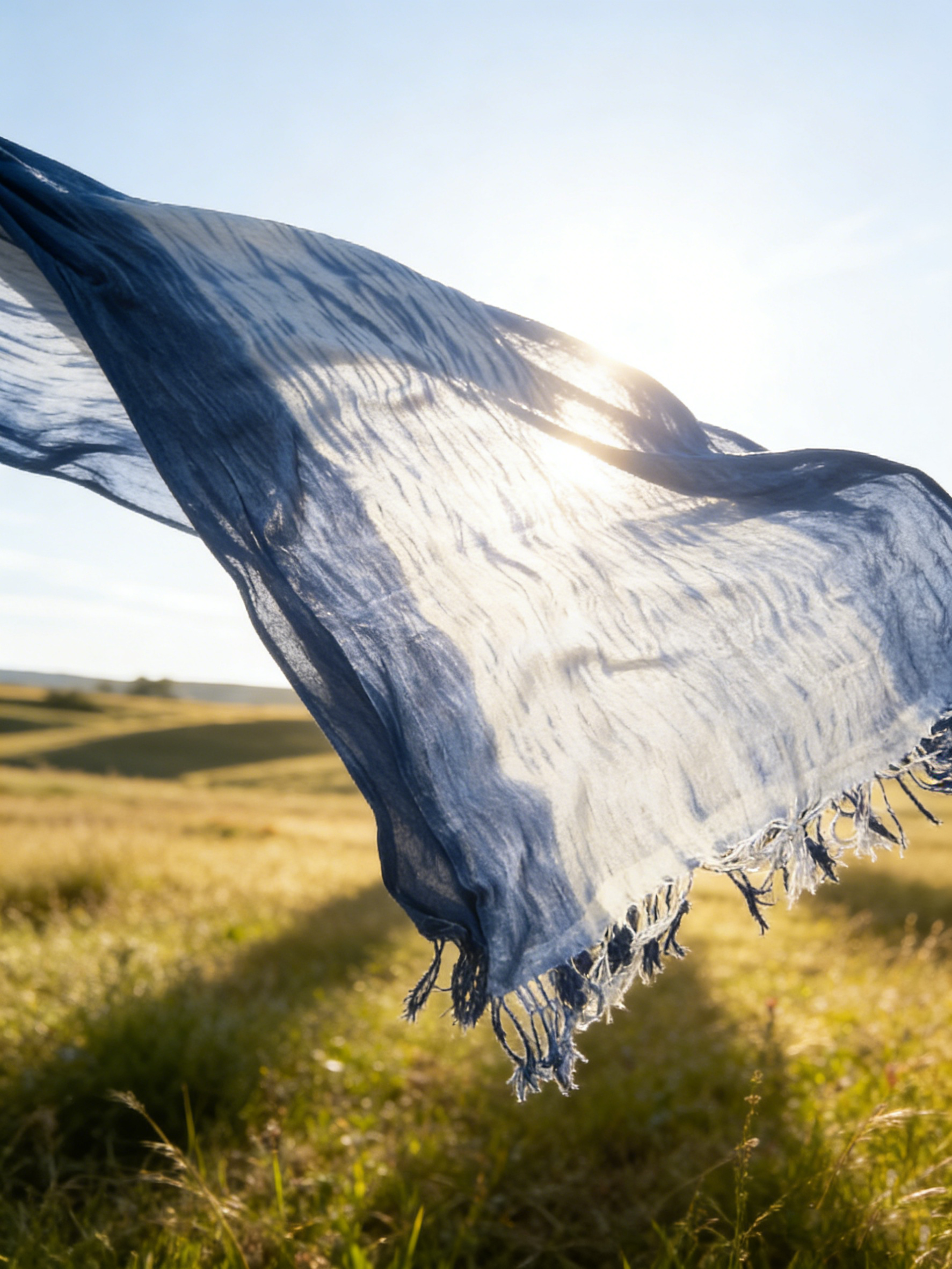 Blue scarf blowing in the wind over a grassy field with sunlight