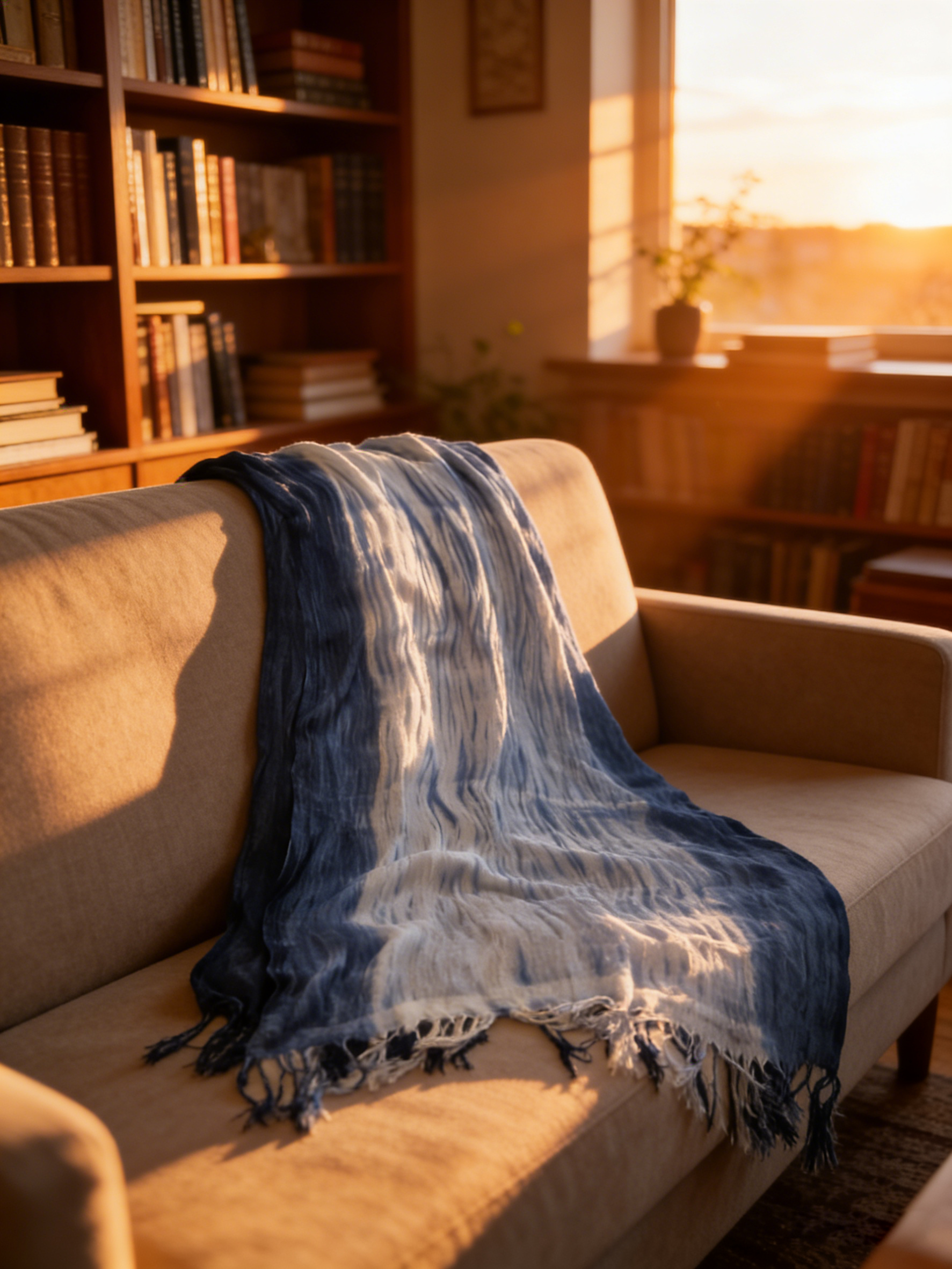 Beige sofa with a blue and white patterned throw blanket in a cozy living room setting.