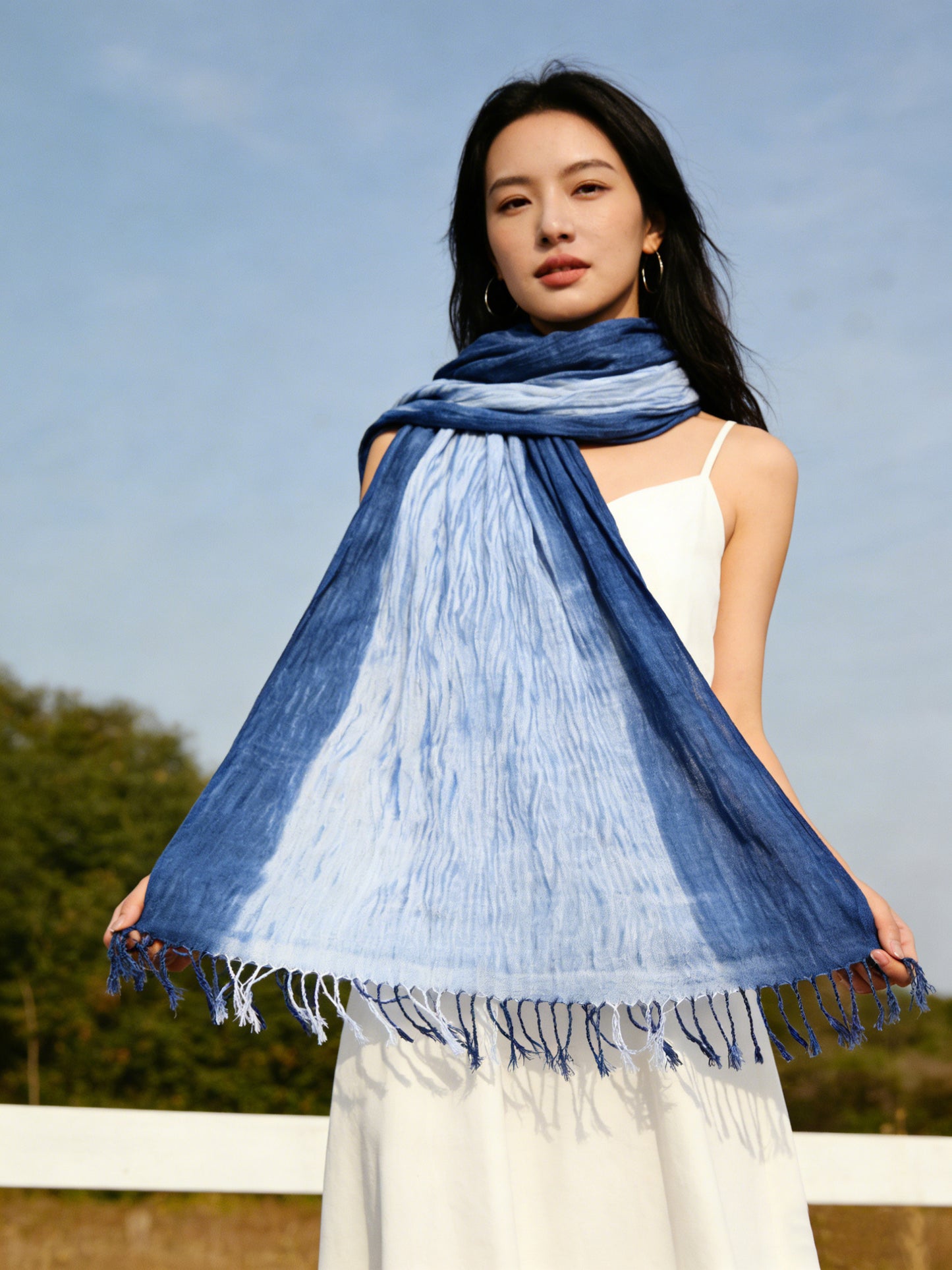 Indigo Hand Tie Dyed Scarf, Cotton Scarf Wrap, Blue Ripples Shawl, Indigo Lightweight Scarf, One of a Kind Gift for Her, Travel Accessory, Shibori Scarf, Art to Wear，Statement Scarf，Festival Outfit, Slow Fashion Clothing#B21B