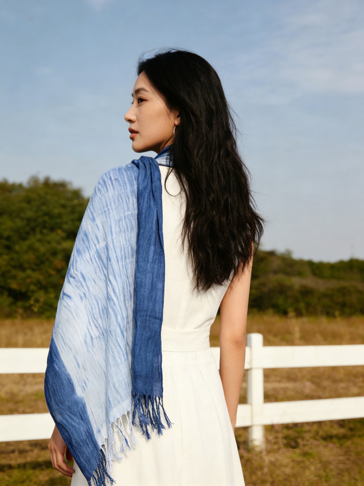 Indigo Hand Tie Dyed Scarf, Cotton Scarf Wrap, Blue Ripples Shawl, Indigo Lightweight Scarf, One of a Kind Gift for Her, Travel Accessory, Shibori Scarf, Art to Wear，Statement Scarf，Festival Outfit, Slow Fashion Clothing#B21B