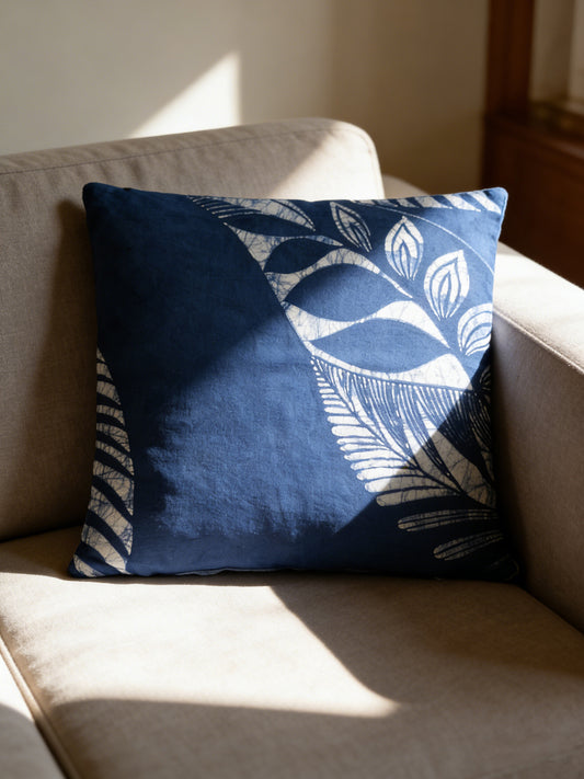 Indigo Batik Pillow Cover – Hand-painted, Indigo Tie-Dye Pillow Covers, Whisper of Leaves, Home Decor, Hand-dyed Cotton Boho Farmhouse Decor #BH06E