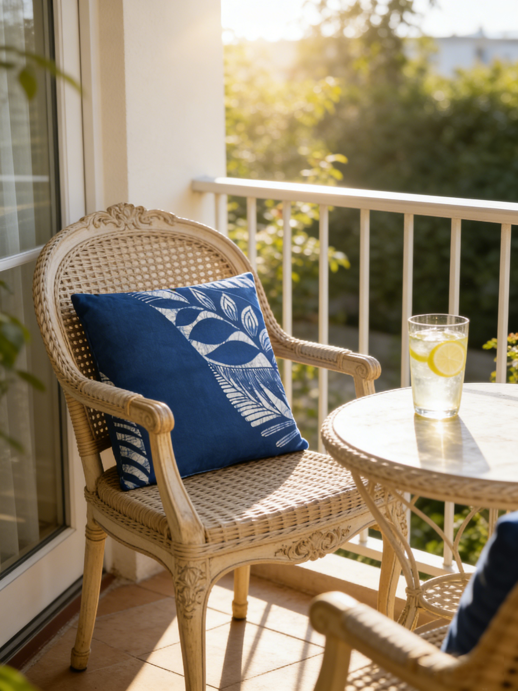 Wicker chair with a blue pillow on a balcony with a glass of lemonade.