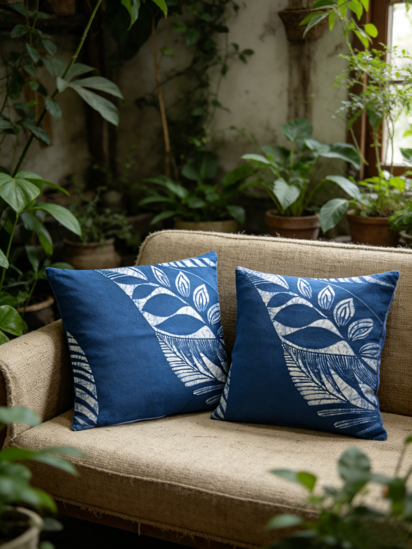 Indigo Batik Pillow Cover – Hand-painted, Indigo Tie-Dye Pillow Covers, Whisper of Leaves, Home Decor, Hand-dyed Cotton Boho Farmhouse Decor #BH06E