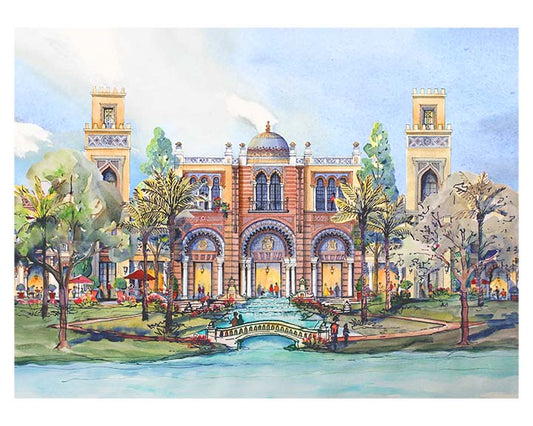 AP-17: A Morning Beneath the Arches – Limited Edition Signed 12x16 Art Print by Kurt Xu, Architectural Watercolor Wall Art