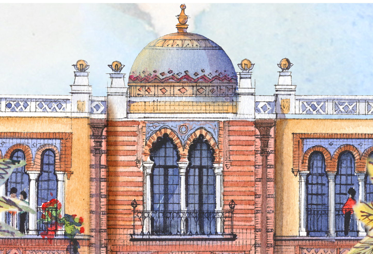 AP-17: A Morning Beneath the Arches – Limited Edition Signed 12x16 Art Print by Kurt Xu, Architectural Watercolor Wall Art