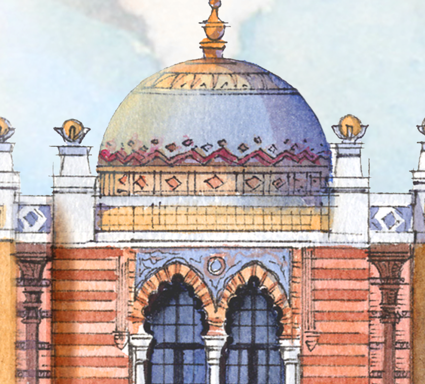 AP-17: A Morning Beneath the Arches – Limited Edition Signed 12x16 Art Print by Kurt Xu, Architectural Watercolor Wall Art