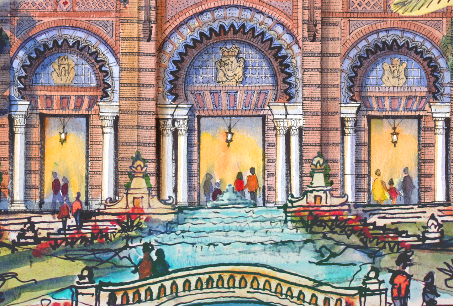 AP-17: A Morning Beneath the Arches – Limited Edition Signed 12x16 Art Print by Kurt Xu, Architectural Watercolor Wall Art