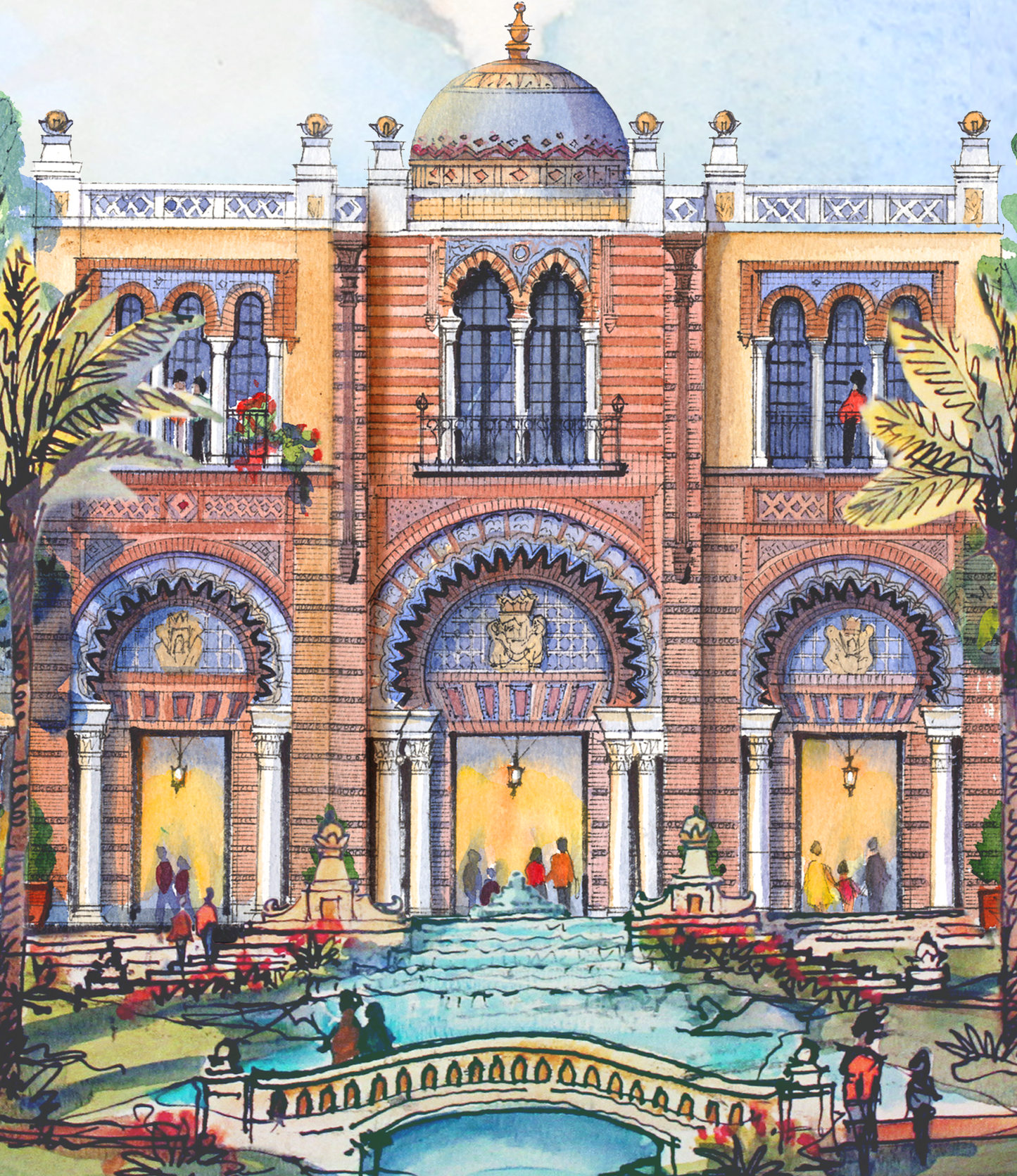 AP-17: A Morning Beneath the Arches – Limited Edition Signed 12x16 Art Print by Kurt Xu, Architectural Watercolor Wall Art