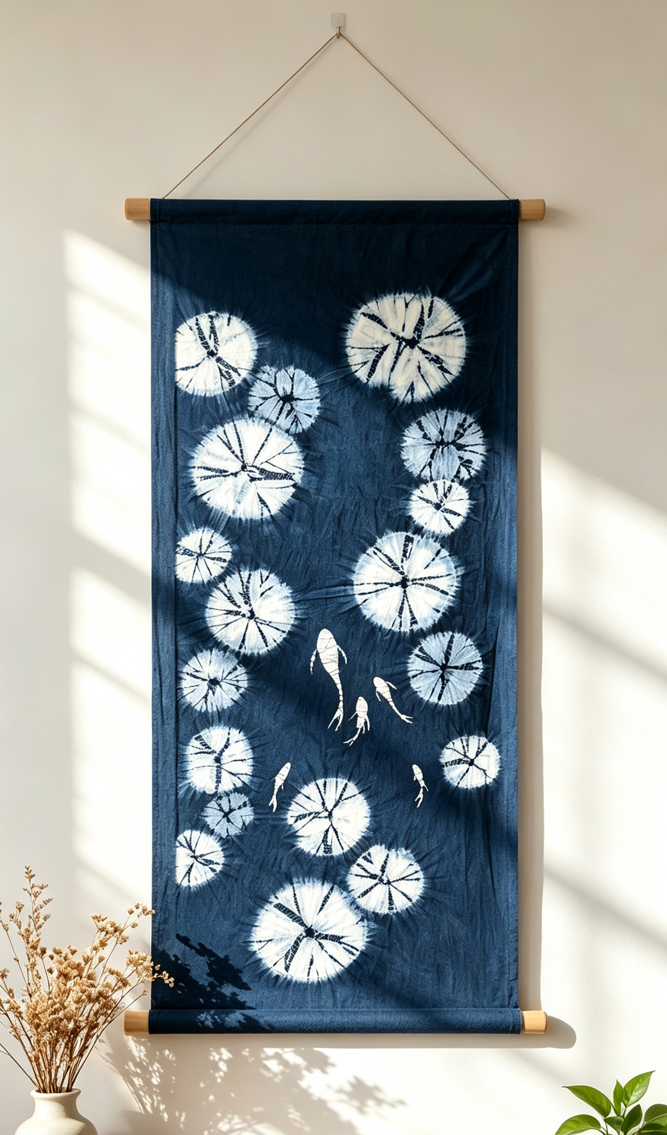 Handmade Indigo Batik Swimming Fish Lotus Pond Wall Hanging, Linen Tea Mat, Japandi Textile Art, Zen Wall Decor, Wabi Sabi Home Decor