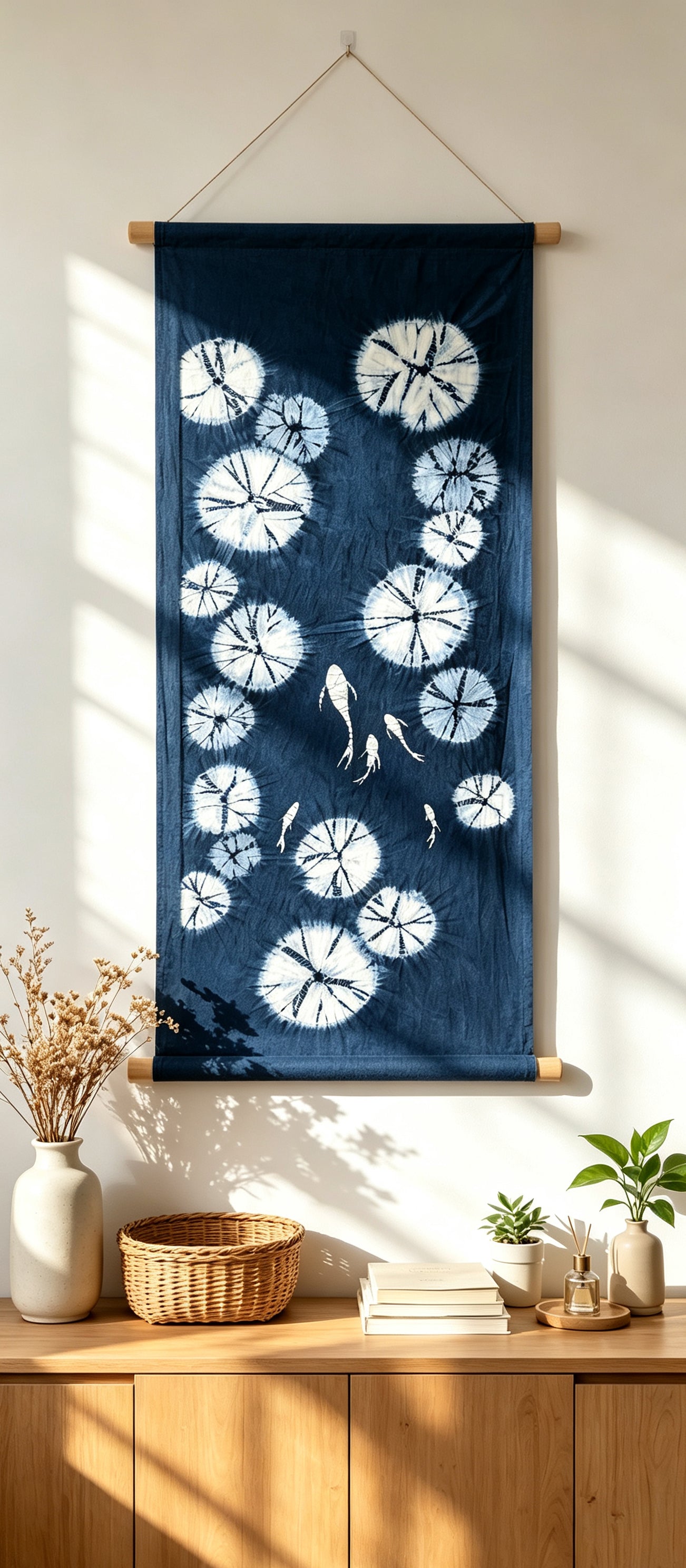 Handmade Indigo Batik Swimming Fish Lotus Pond Wall Hanging, Linen Tea Mat, Japandi Textile Art, Zen Wall Decor, Wabi Sabi Home Decor