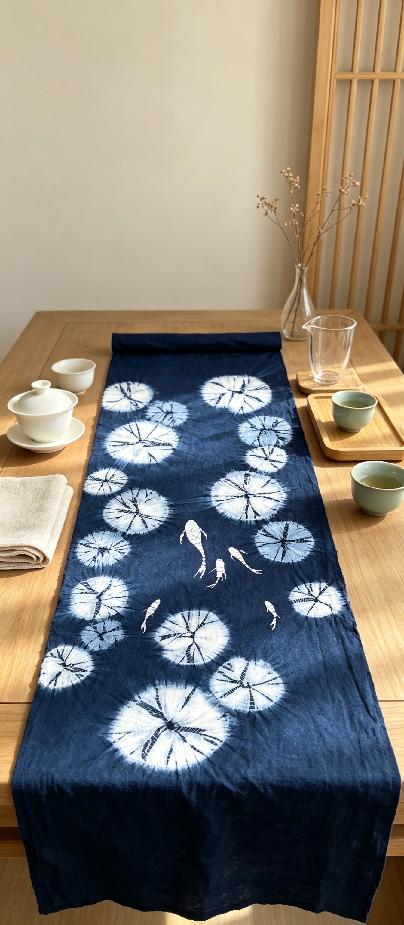 Handmade Indigo Batik Swimming Fish Lotus Pond Wall Hanging, Linen Tea Mat, Japandi Textile Art, Zen Wall Decor, Wabi Sabi Home Decor