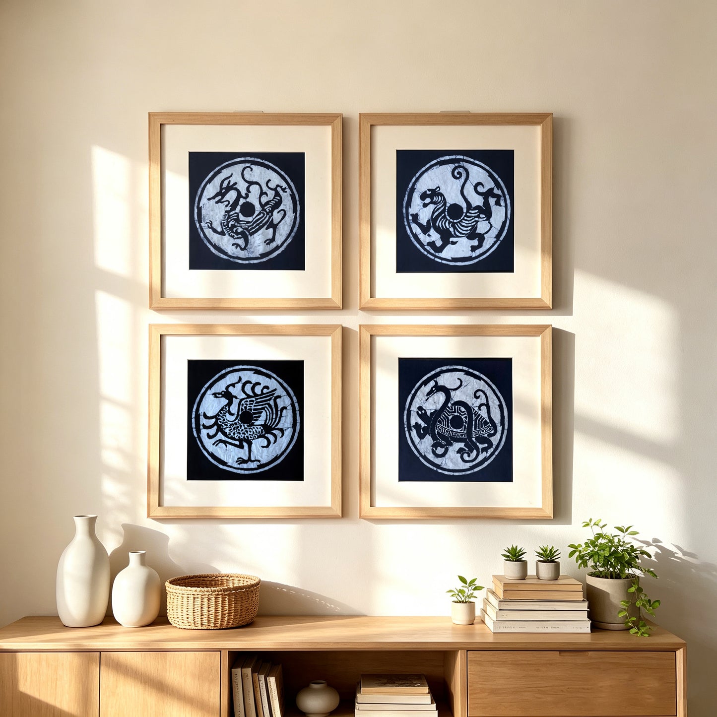 Handmade Indigo Batik Four Sacred Beasts Wall Art | Chinese Mythical Animal Textile Art | Framed Fiber Wall Decor | Japandi Home Decor