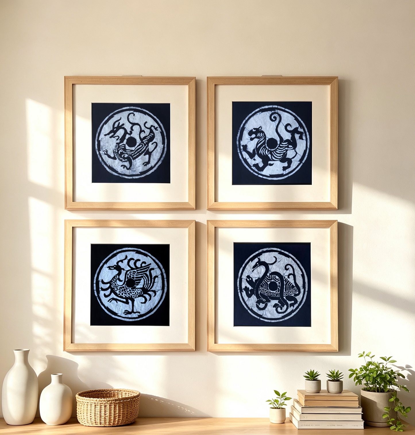 Handmade Indigo Batik Four Sacred Beasts Wall Art | Chinese Mythical Animal Textile Art | Framed Fiber Wall Decor | Japandi Home Decor
