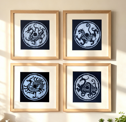 Handmade Indigo Batik Four Sacred Beasts Wall Art | Chinese Mythical Animal Textile Art | Framed Fiber Wall Decor | Japandi Home Decor