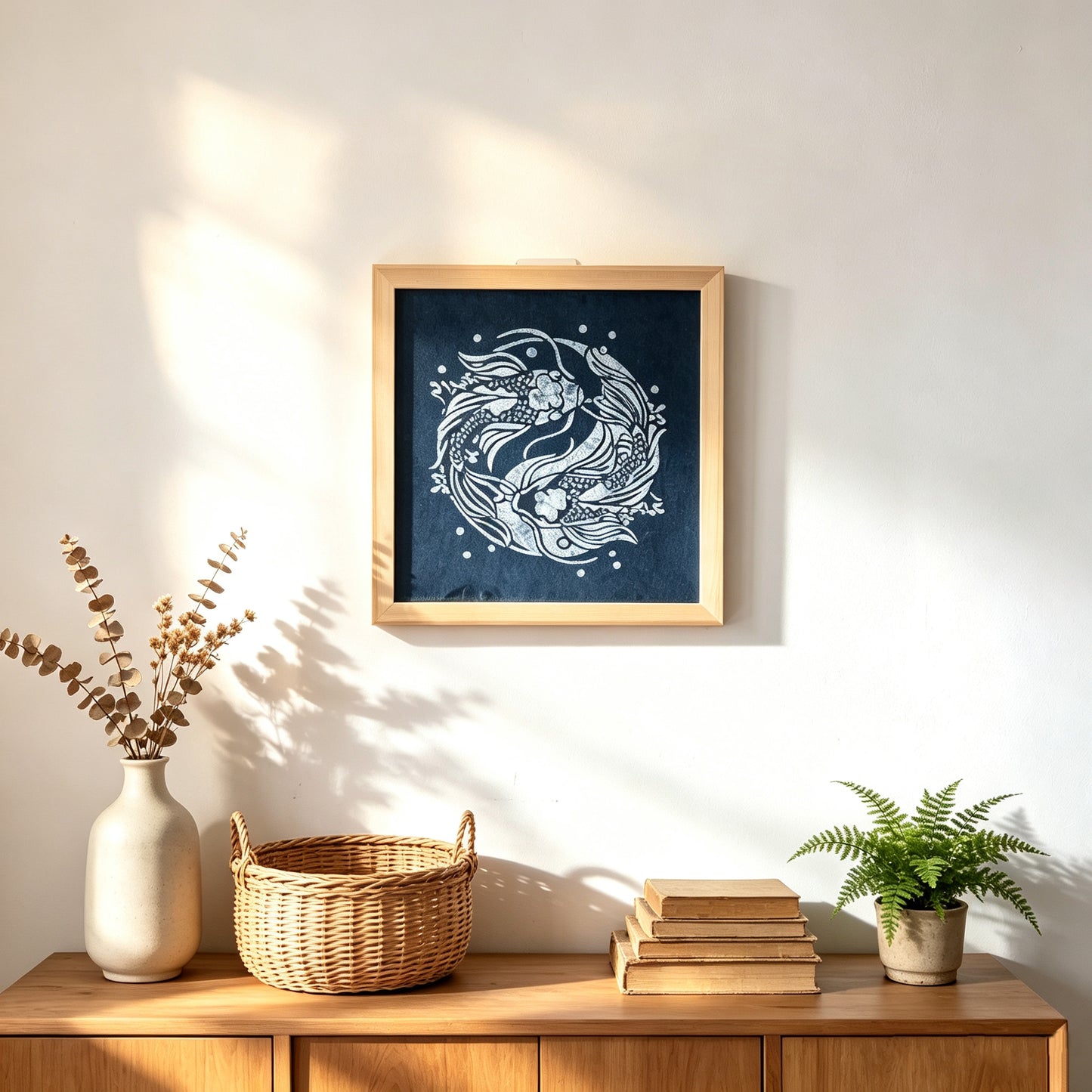 Indigo Batik Twin Koi Linen Wall Art | Handmade Taiji Yin Yang Textile | Traditional Wax Resist Batik | Zen Home Décor | Meaningful Gift