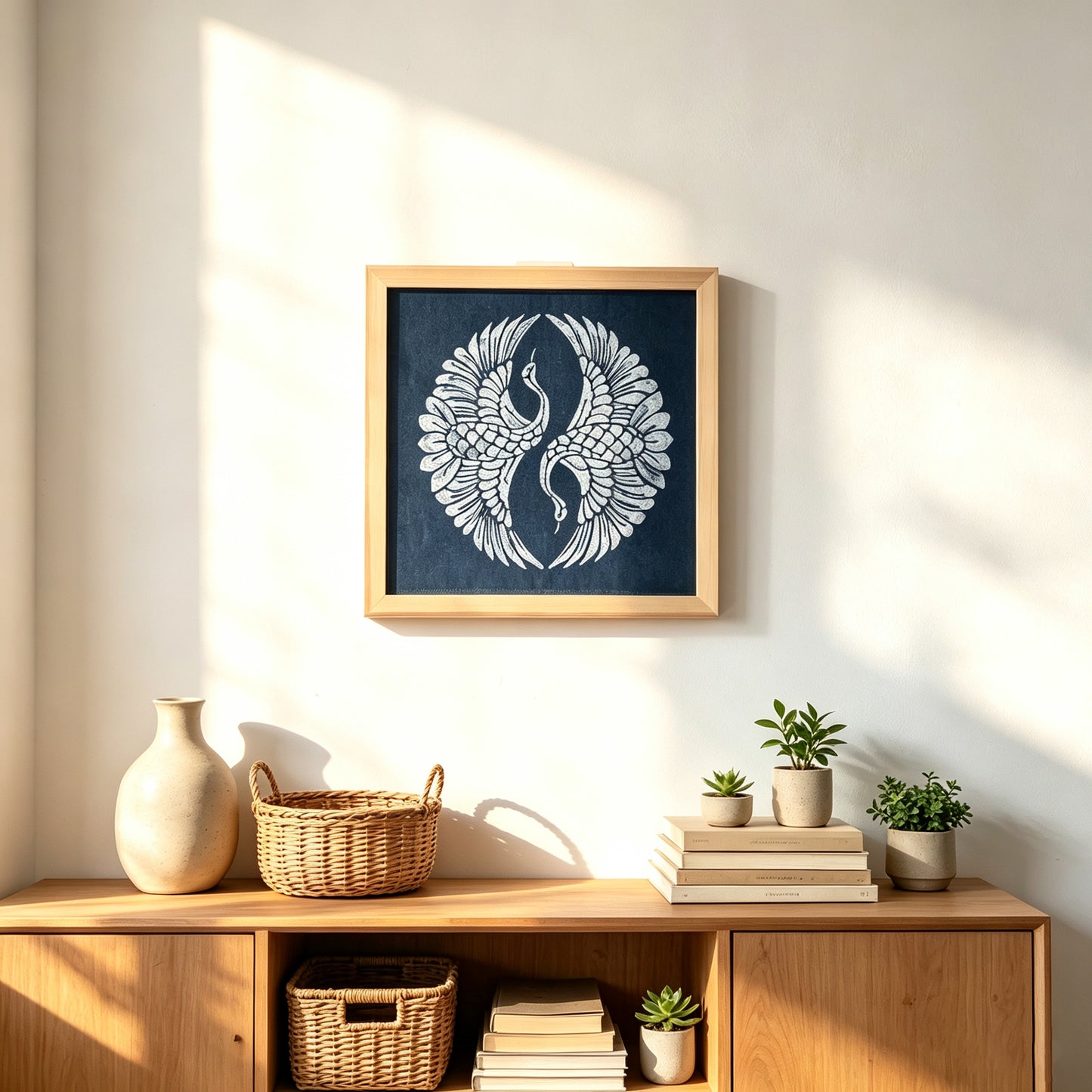 Indigo Batik Twin Cranes Linen Wall Art | Handmade Taiji Yin Yang Textile | Traditional Wax Resist Batik | Zen Home Décor | Meaningful Gift