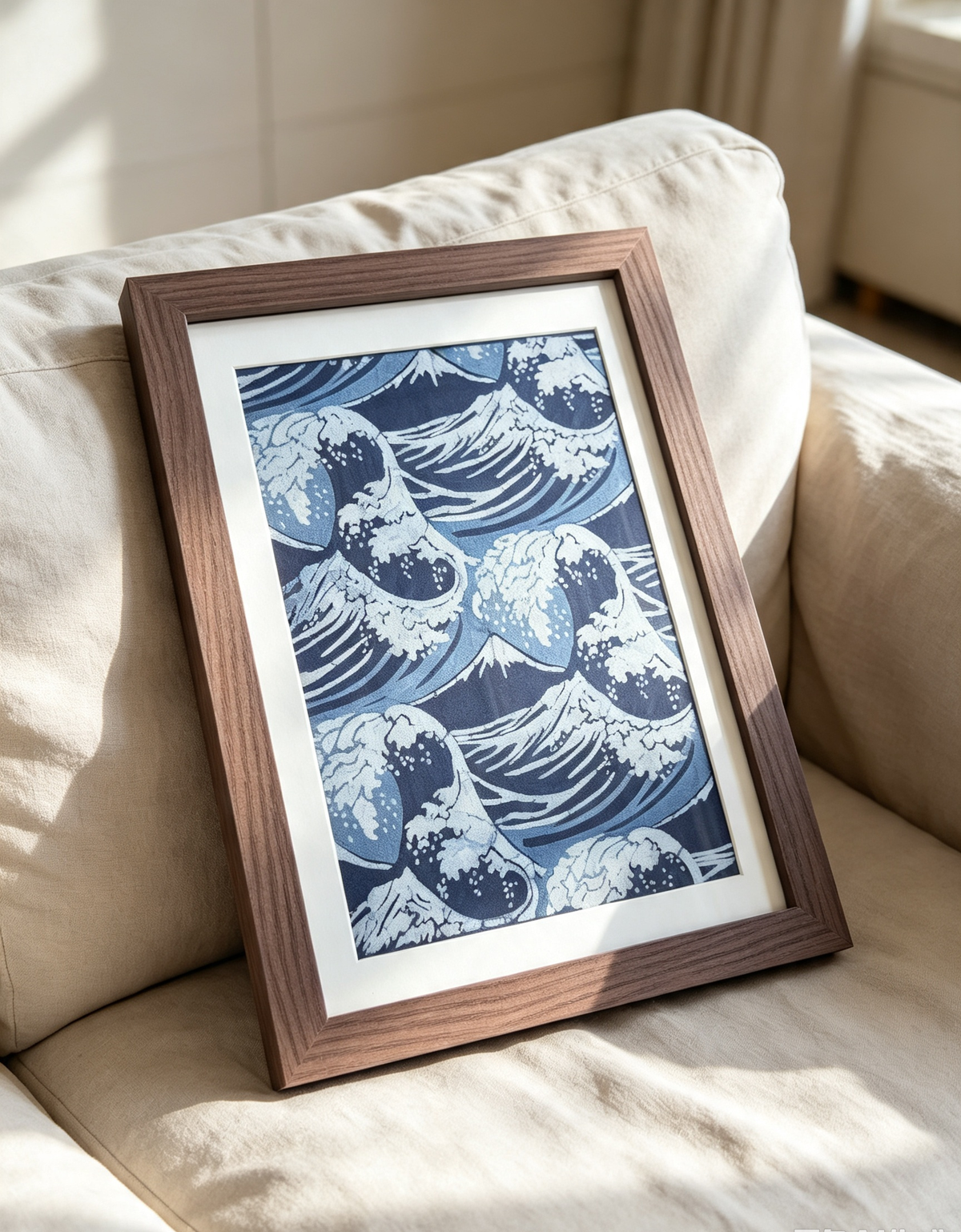 Ocean Waves Batik Wall Art – Handmade Indigo Textile Art, Coastal Wall Decor, Dorm & Apartment Decor, A4 Framed or Unframed