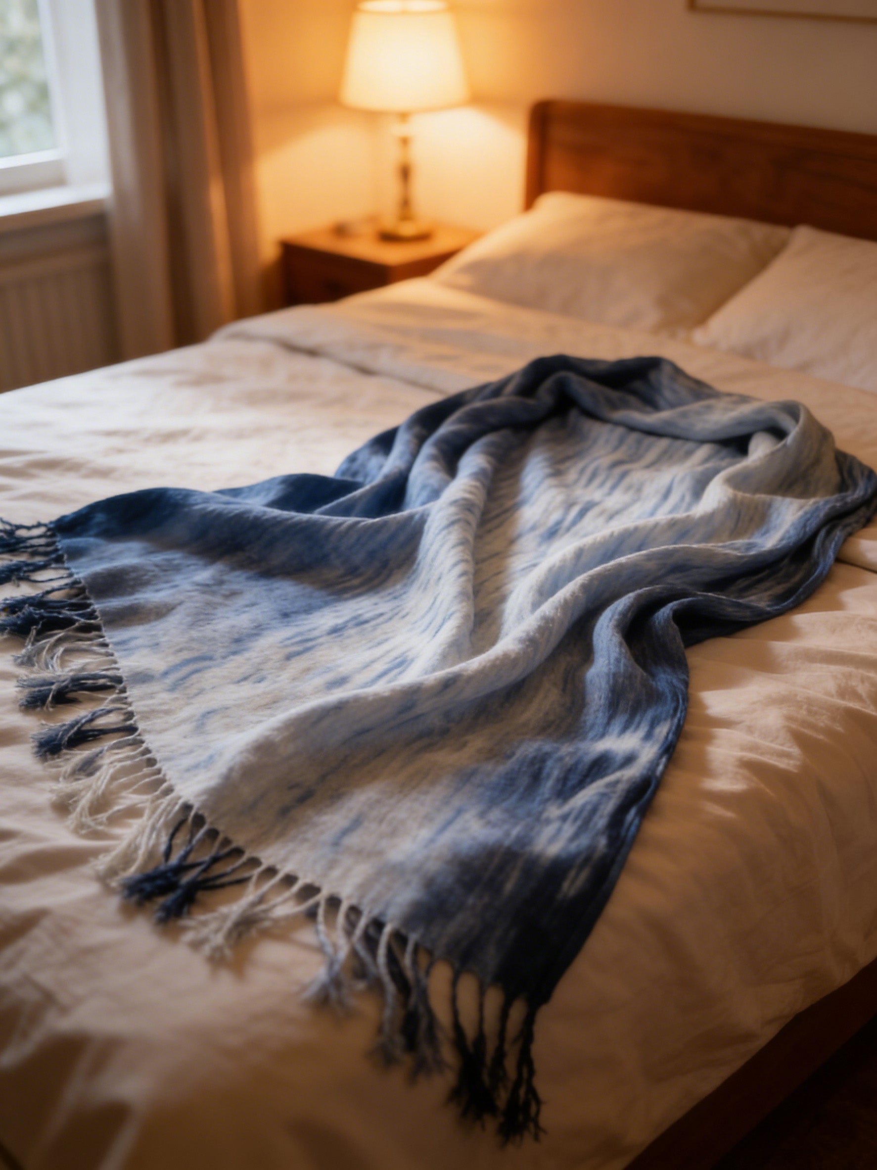 Blue patterned throw blanket on a bed in a softly lit bedroom.