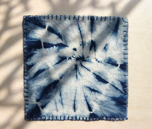 BA-11: Handmade Batik Blossom Coaster Set of 4 – Indigo Hand Dyed Textile Art for the Table – Artisan Floral Drink Mats