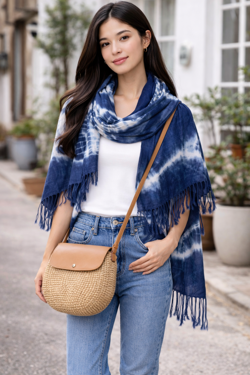 Indigo Tie Dye Scarf, Oversized Cotton Scarf Wrap, Blue White Shawl, Hand Dyed Fringe Scarf, Boho Winter Scarf, Gift for Her #B21