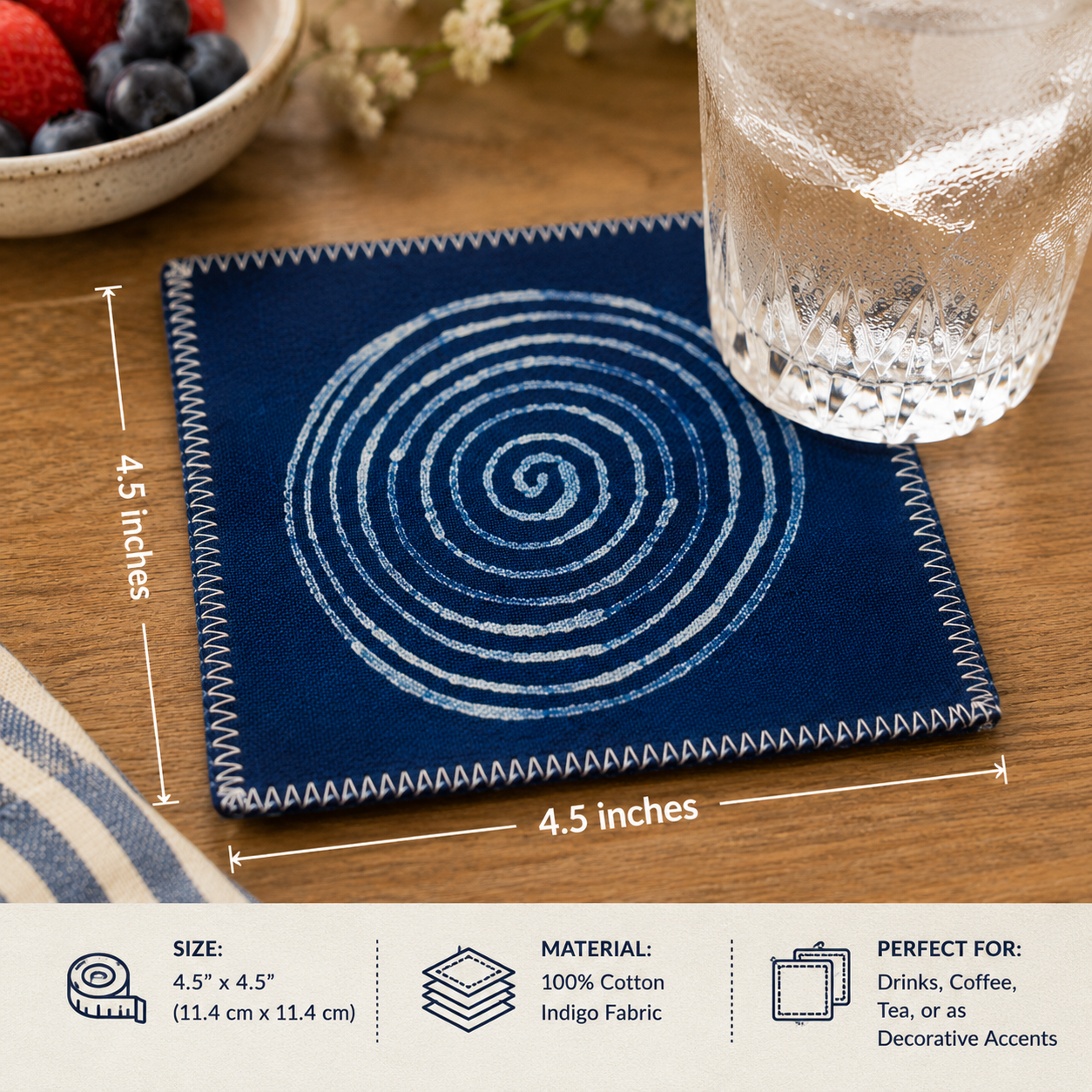Indigo Batik Coaster, Handmade Spiral Drink Coaster, Blue White Mug Rug, Artisan Table Decor, Housewarming Gift #B12