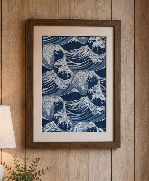 Ocean Waves Batik Wall Art – Handmade Indigo Textile Art, Coastal Wall Decor, Dorm & Apartment Decor, A4 Framed or Unframed