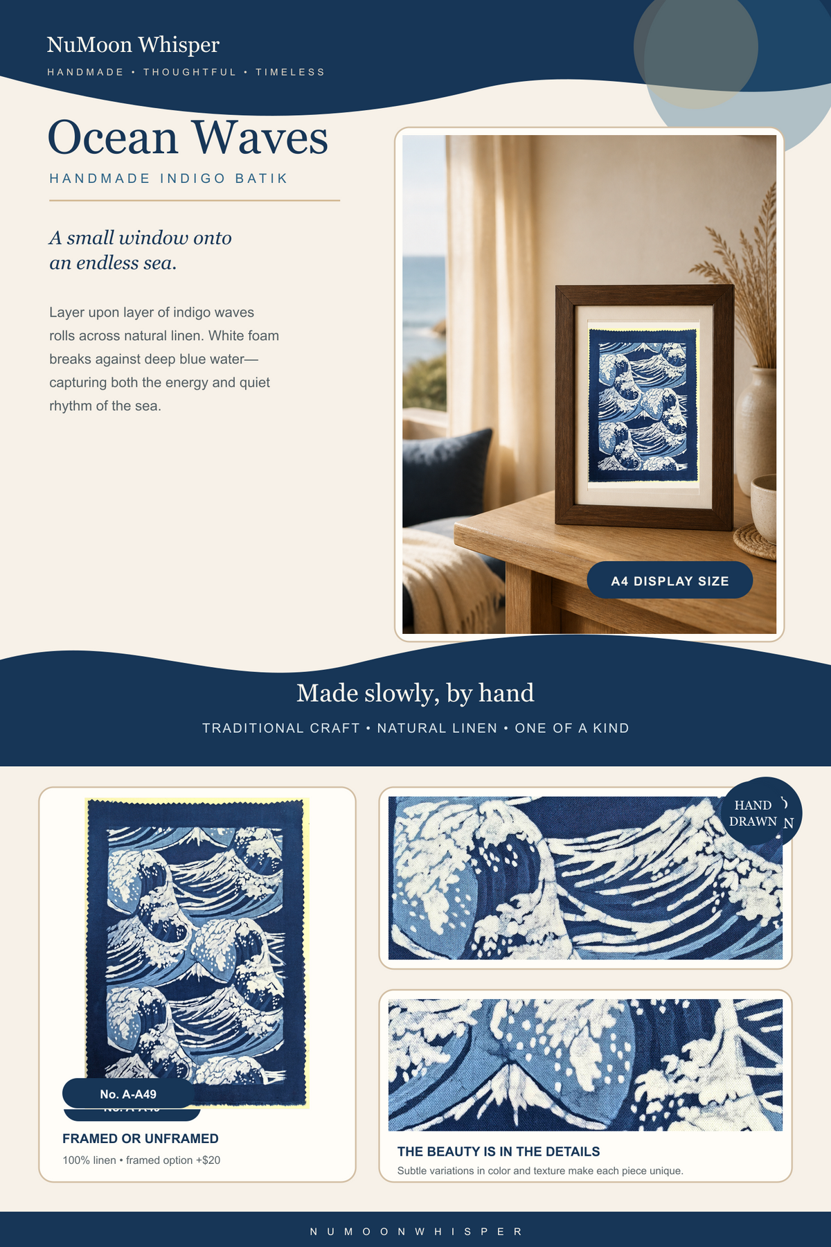 Ocean Waves Batik Wall Art – Handmade Indigo Textile Art, Coastal Wall Decor, Dorm & Apartment Decor, A4 Framed or Unframed