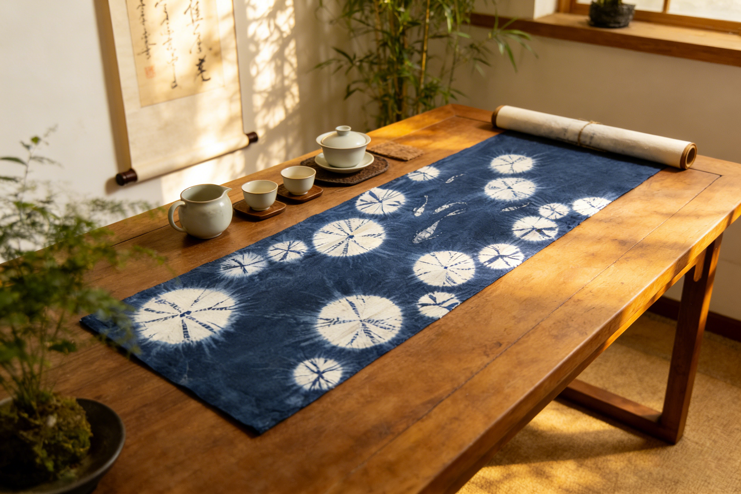 BA-20: Hand-Painted Lotus Pond Indigo Scroll – Shibori Cotton Tea Mat & Wall Art