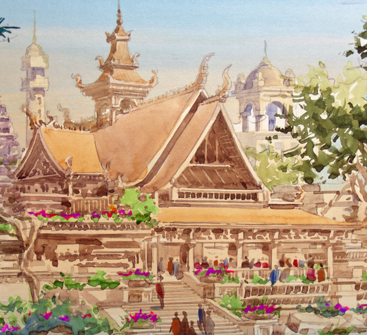 Where the Temple Breathes – 12x16 Signed Watercolor Architecture Print, Asian Temple Wall Art (AP-15)