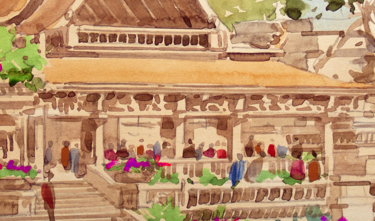 AP-15: Where the Temple Breathes – Limited Edition Signed Art Print by Kurt Xu | 12x16 Watercolor Architecture Wall Art | Asian Temple Landscape Decor