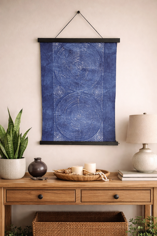 Indigo Batik Wall Art, Wotuwen, Miao Spiral pattern Textile Wall Hanging, Blue White Zen Decor, Handmade Cotton Tapestry, Framed Boho Wall Decor #B17