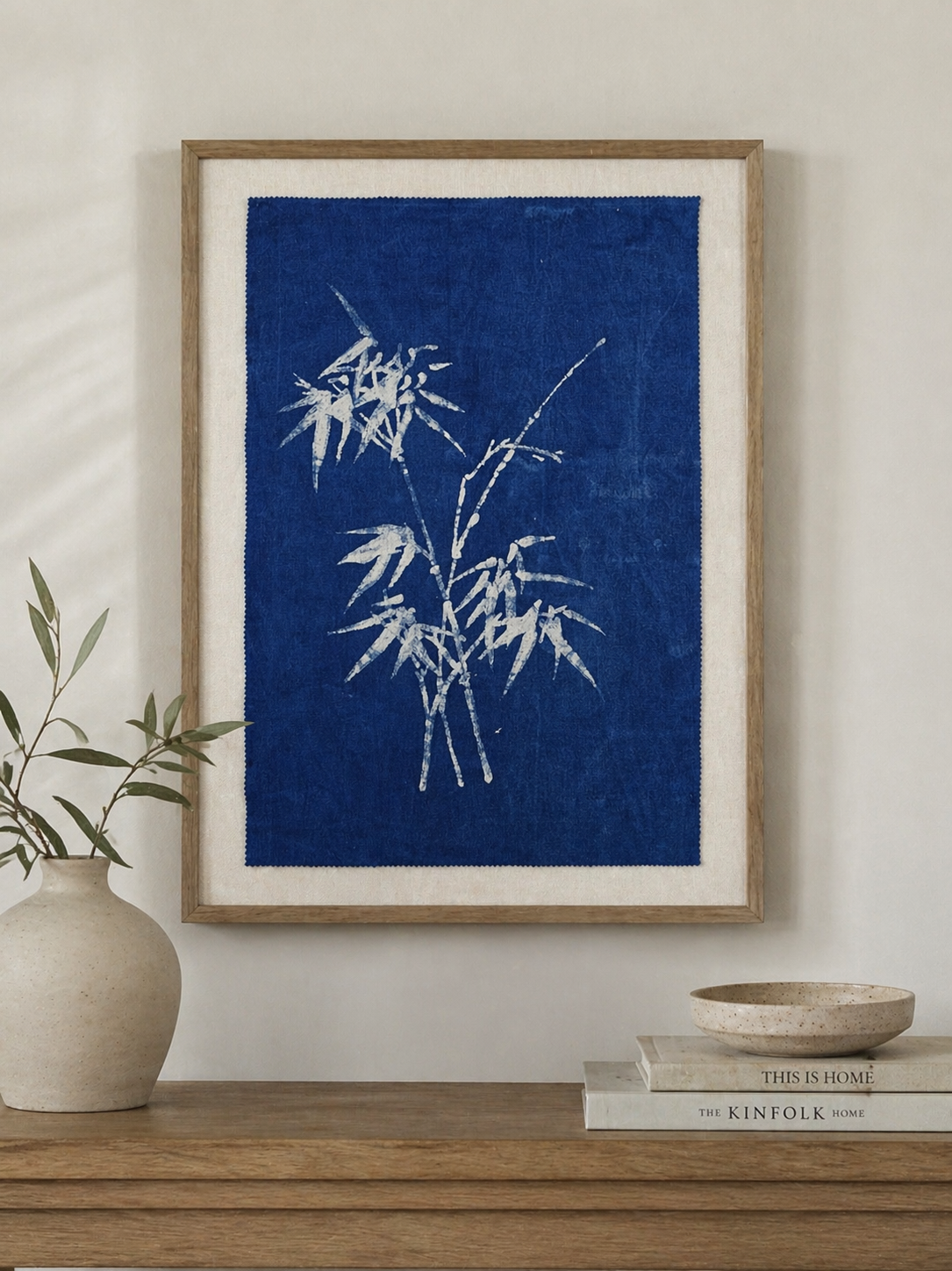Indigo Batik Wall Art,  Bamboo Charm  Desktop Ornament, Textile Wall Hanging, Blue White Zen Decor, Hand-painted Cotton Tapestry, Boho Wall Decor #BW17D