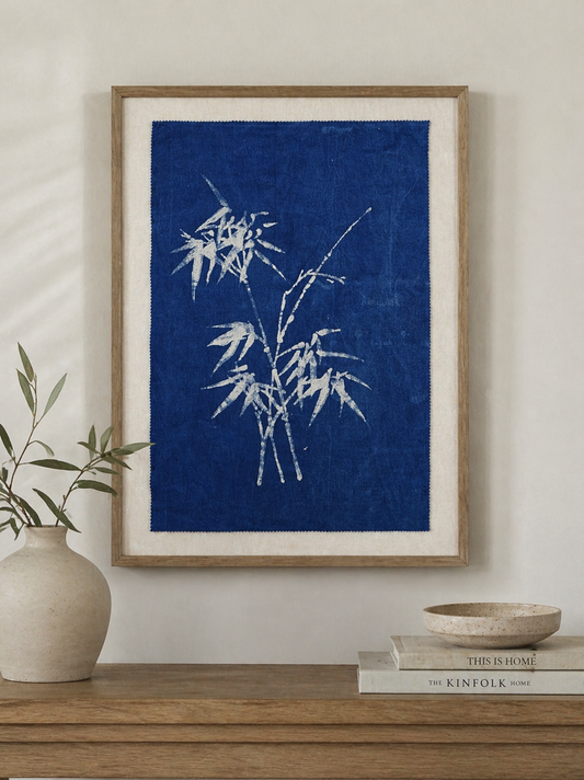 Indigo Batik Wall Art,  Bamboo Charm  Desktop Ornament, Textile Wall Hanging, Blue White Zen Decor, Hand-painted Cotton Tapestry, Boho Wall Decor #BW17D