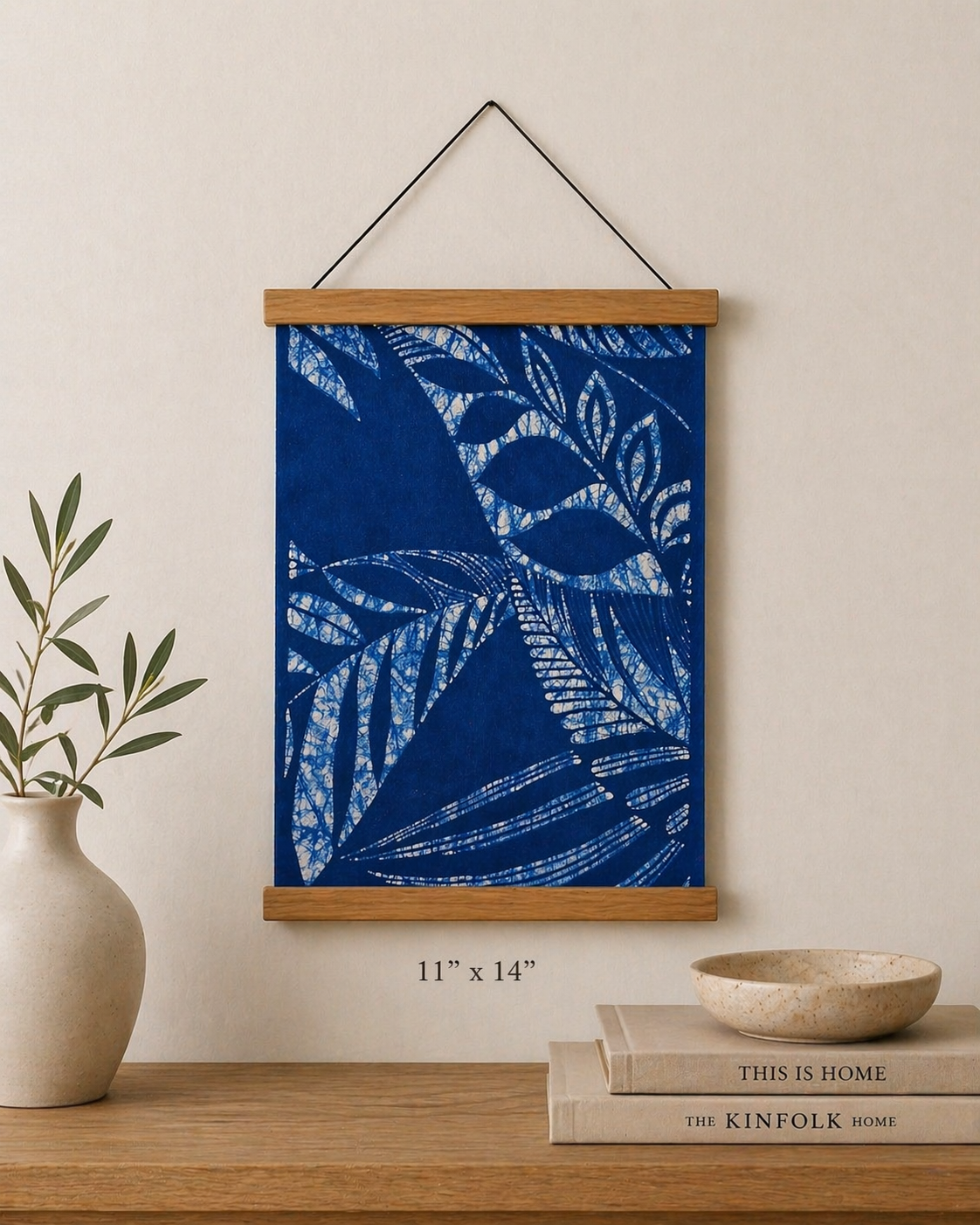 Indigo Batik Wall Art, Whisper of Leaves Textile Wall Hanging, Blue White Zen Decor, Hand-painted Cotton Tapestry, Framed Boho Wall Decor #BW17B