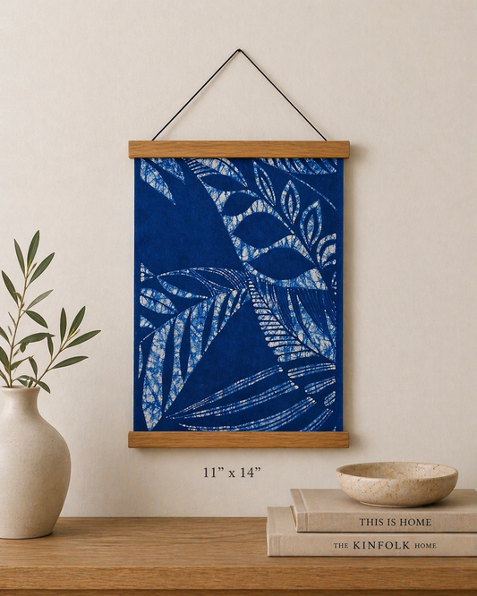 Indigo Batik Wall Art, Whisper of Leaves Textile Wall Hanging, Blue White Zen Decor, Hand-painted Cotton Tapestry, Framed Boho Wall Decor #BW17B