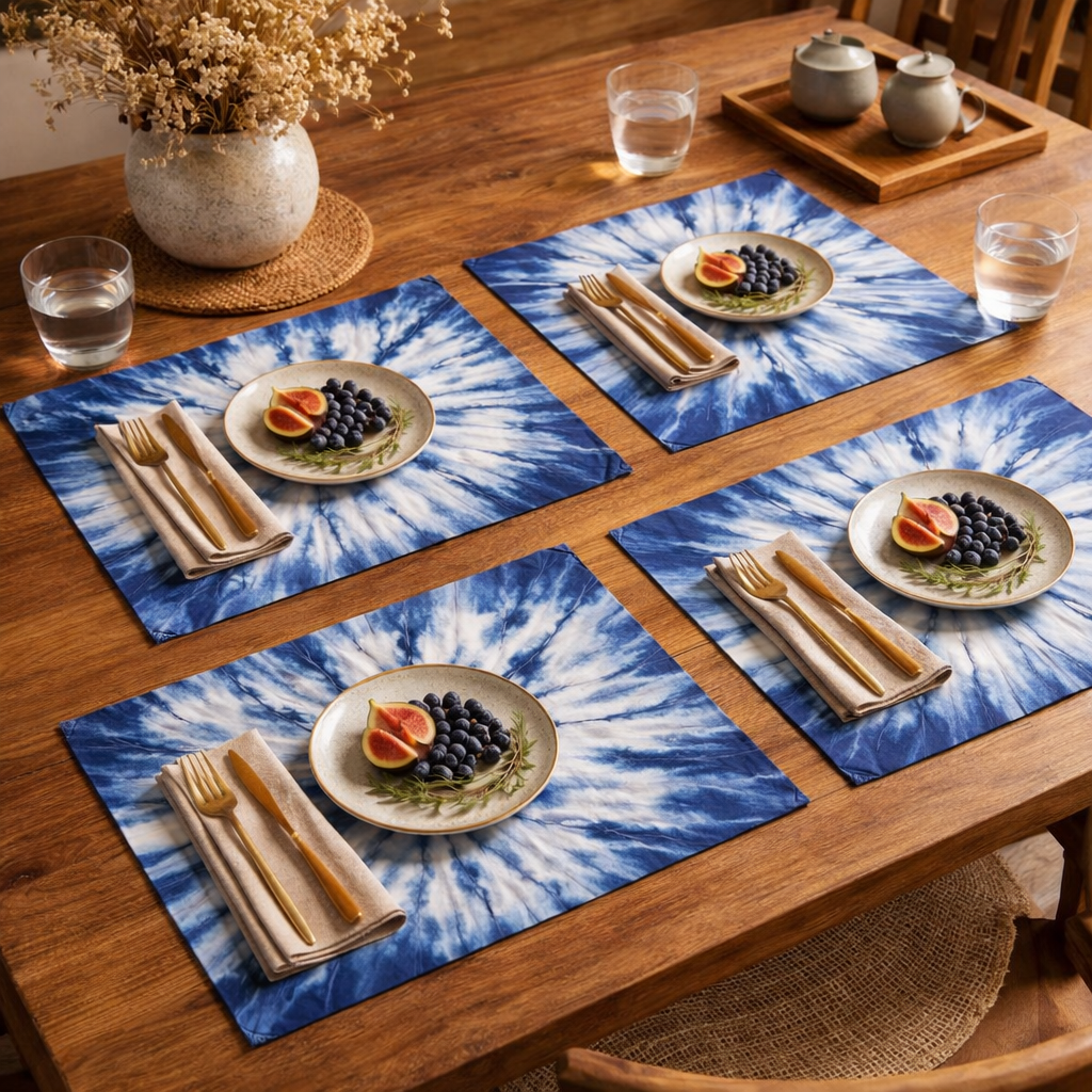 Handmade Indigo Shibori Cotton Linen Placemat Blue White Tie Dye #B19
