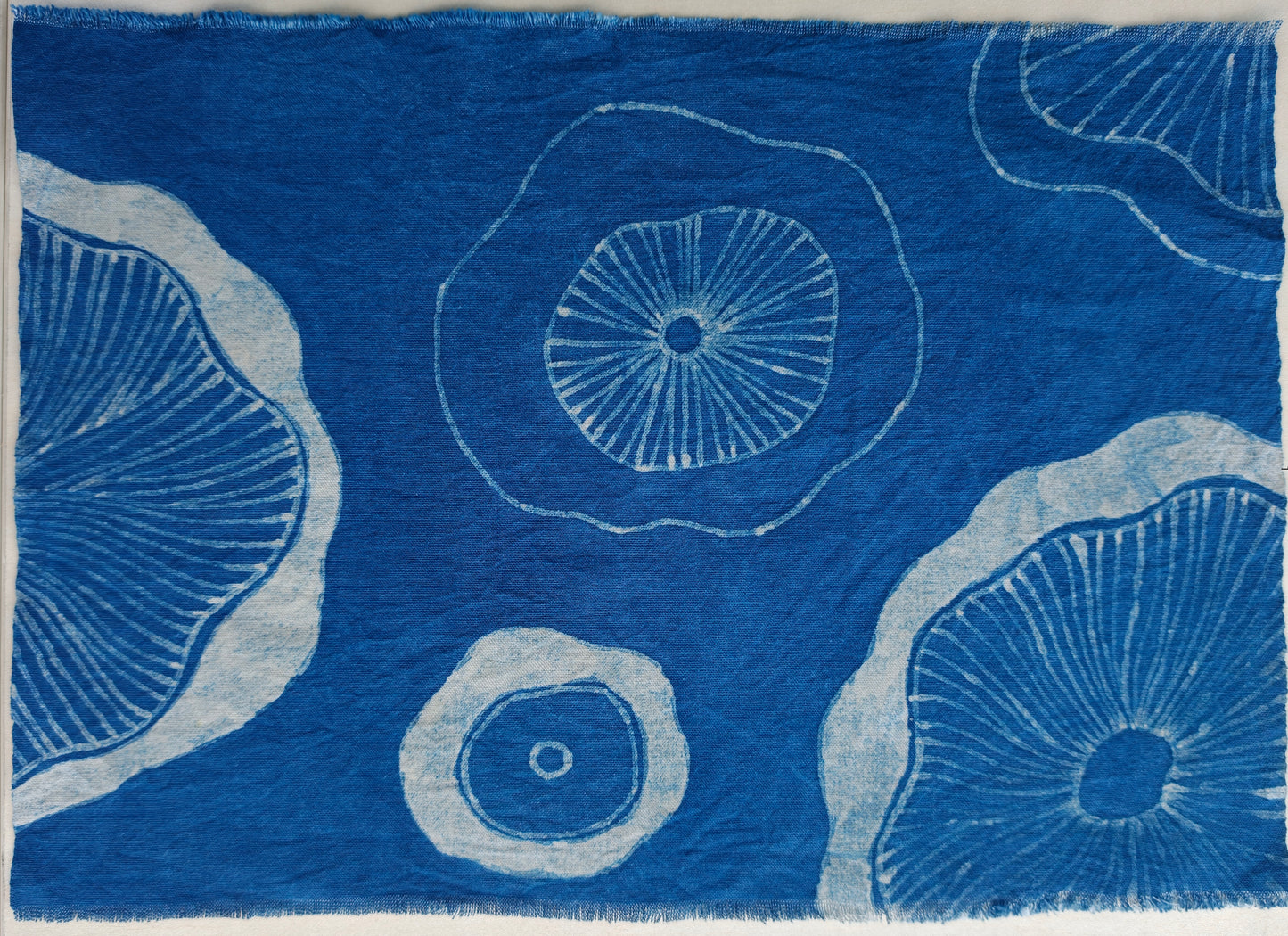 Set of 2 Hand-Dyed Batik, Indigo Shibori Cotton Linen Placemat, Hand-Painted Green Lotus in Bloom, Blue White Dye #BH19B
