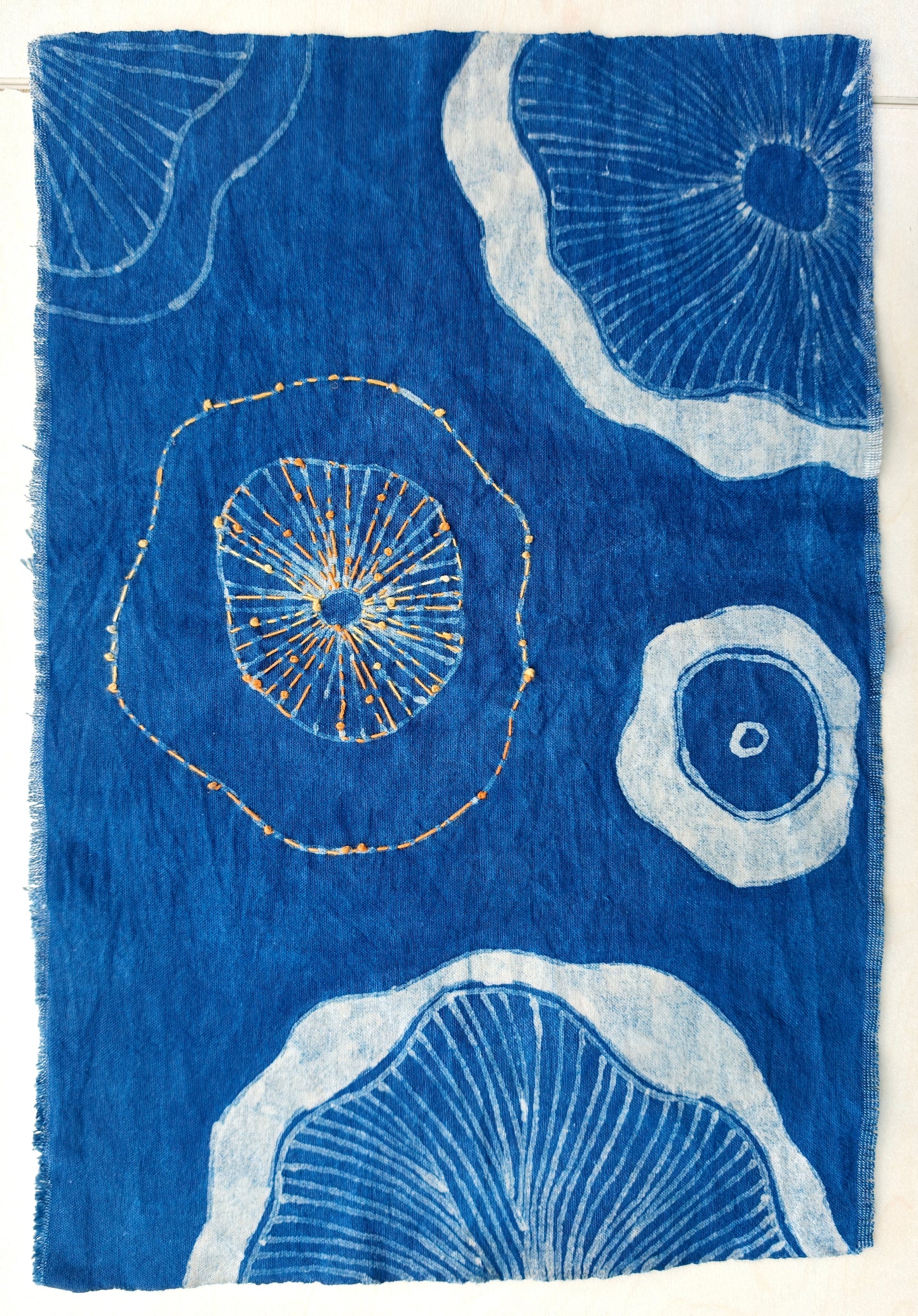 Set of 2 Hand-Painted Batik, Indigo Shibori Cotton Linen Placemat, Hand-Dyed Green Lotus Reflected in Water, Blue White hand-embroidered Dye #BH19C