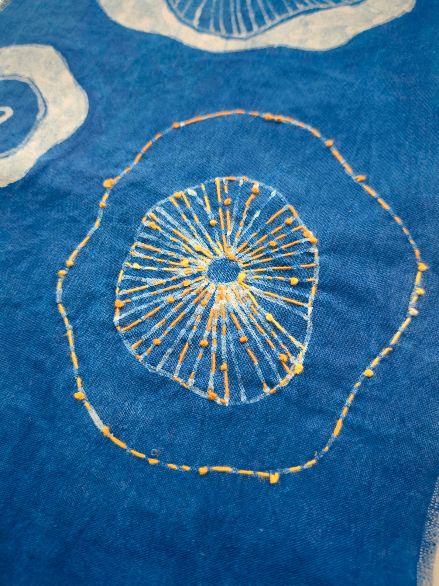 Close-up of a blue fabric with yellow circular pattern