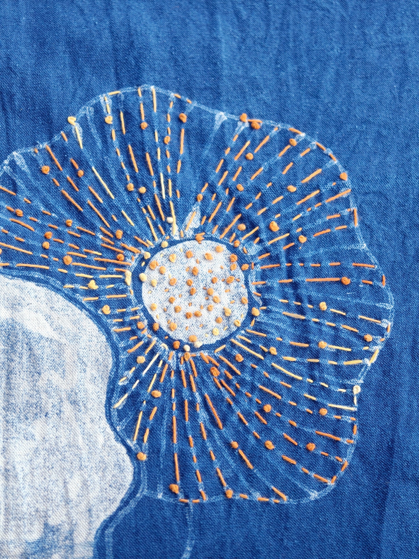 Close-up of a blue fabric with a circular pattern and white center