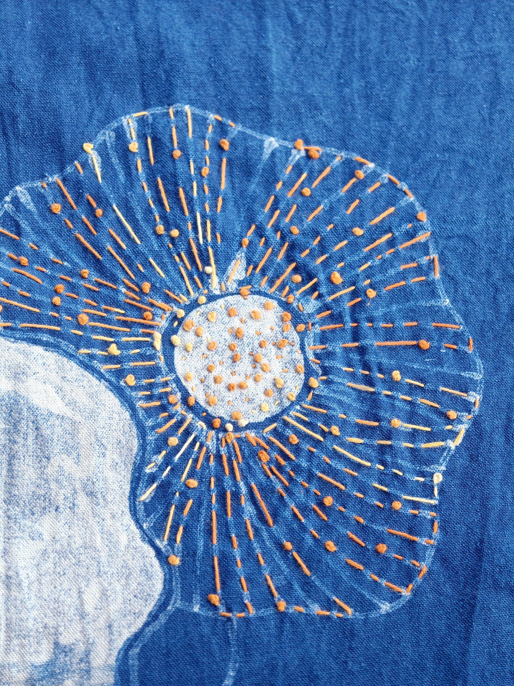 Close-up of a blue fabric with a circular pattern and white center