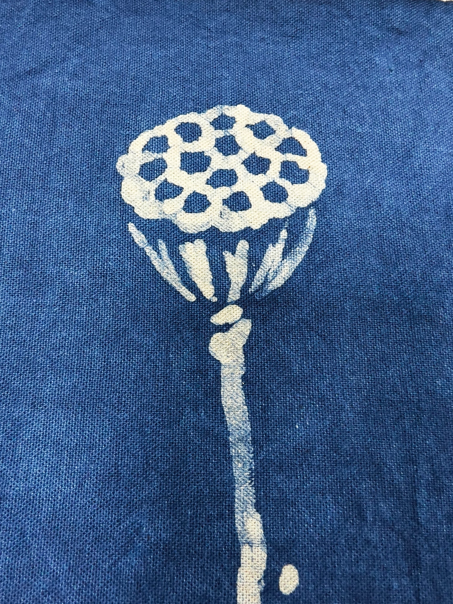 White floral design on a blue fabric background