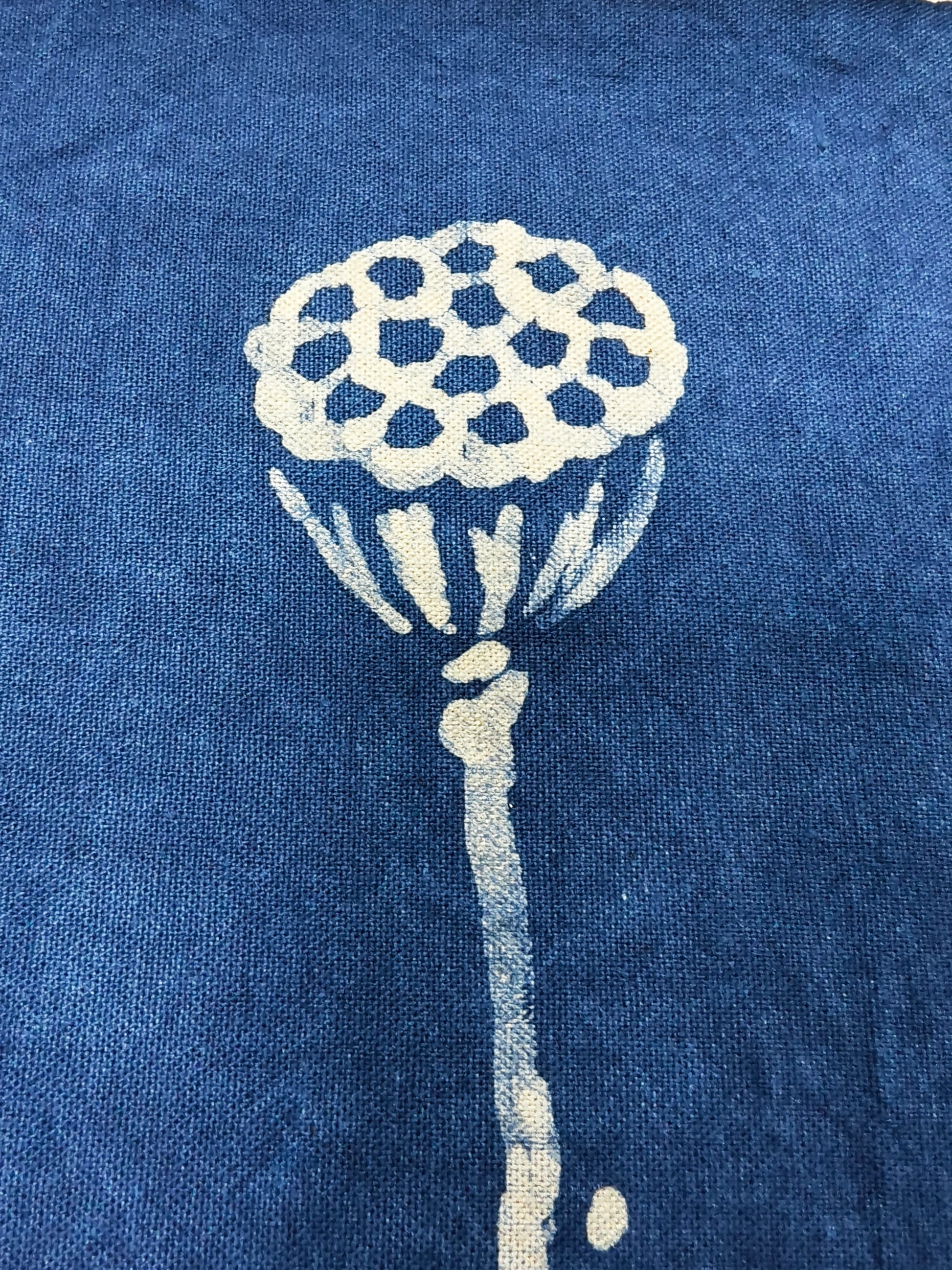 White floral design on a blue fabric background