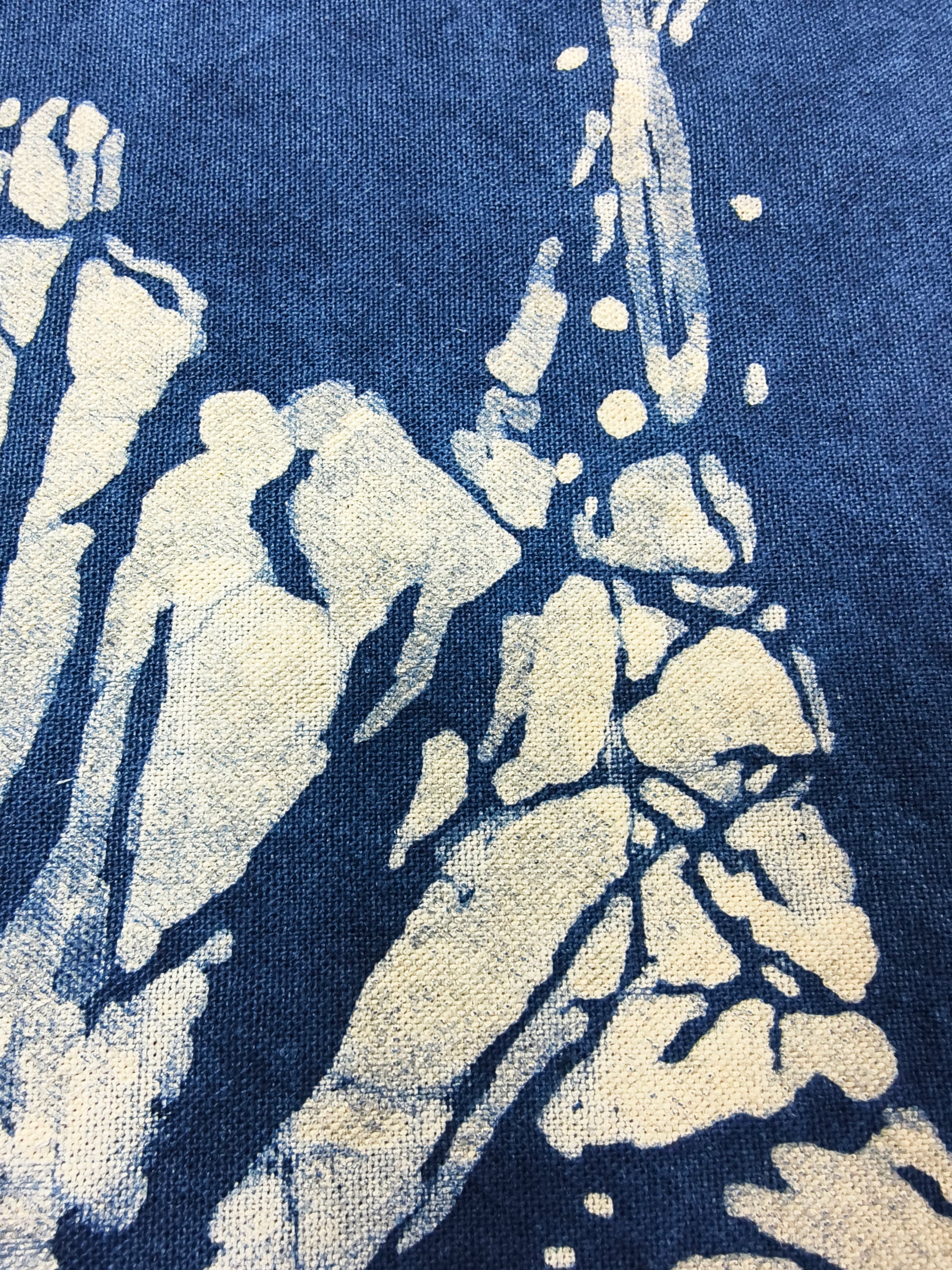 Close-up of a blue fabric with white abstract patterns