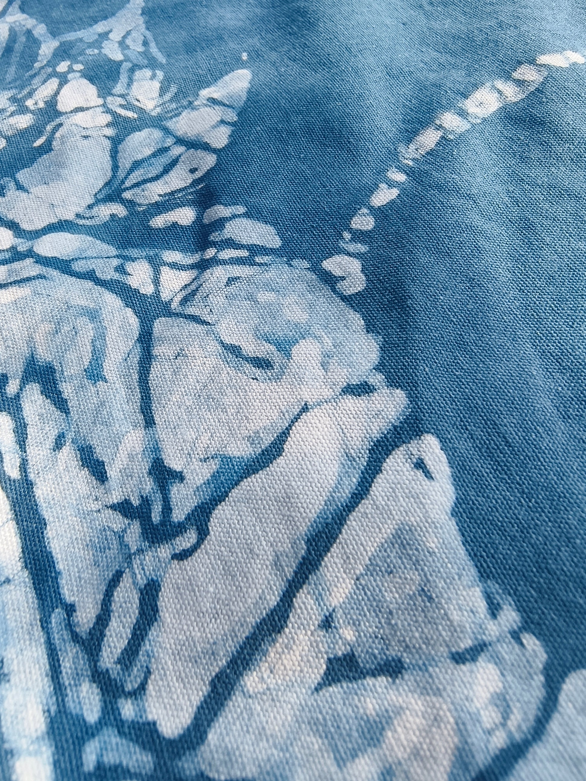 Close-up of blue fabric with a floral pattern