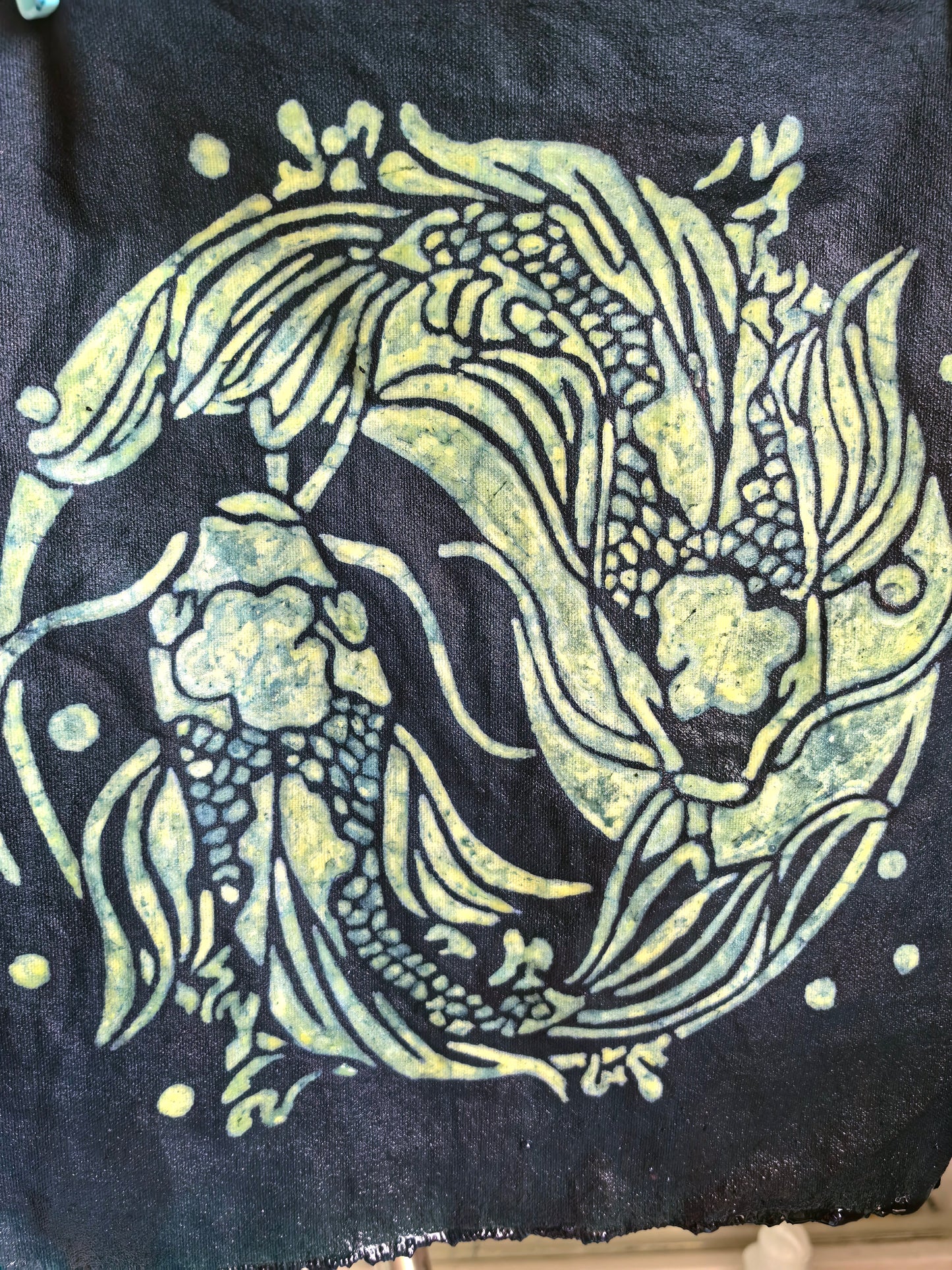 Indigo Batik Twin Koi Linen Wall Art | Handmade Taiji Yin Yang Textile | Traditional Wax Resist Batik | Zen Home Décor | Meaningful Gift