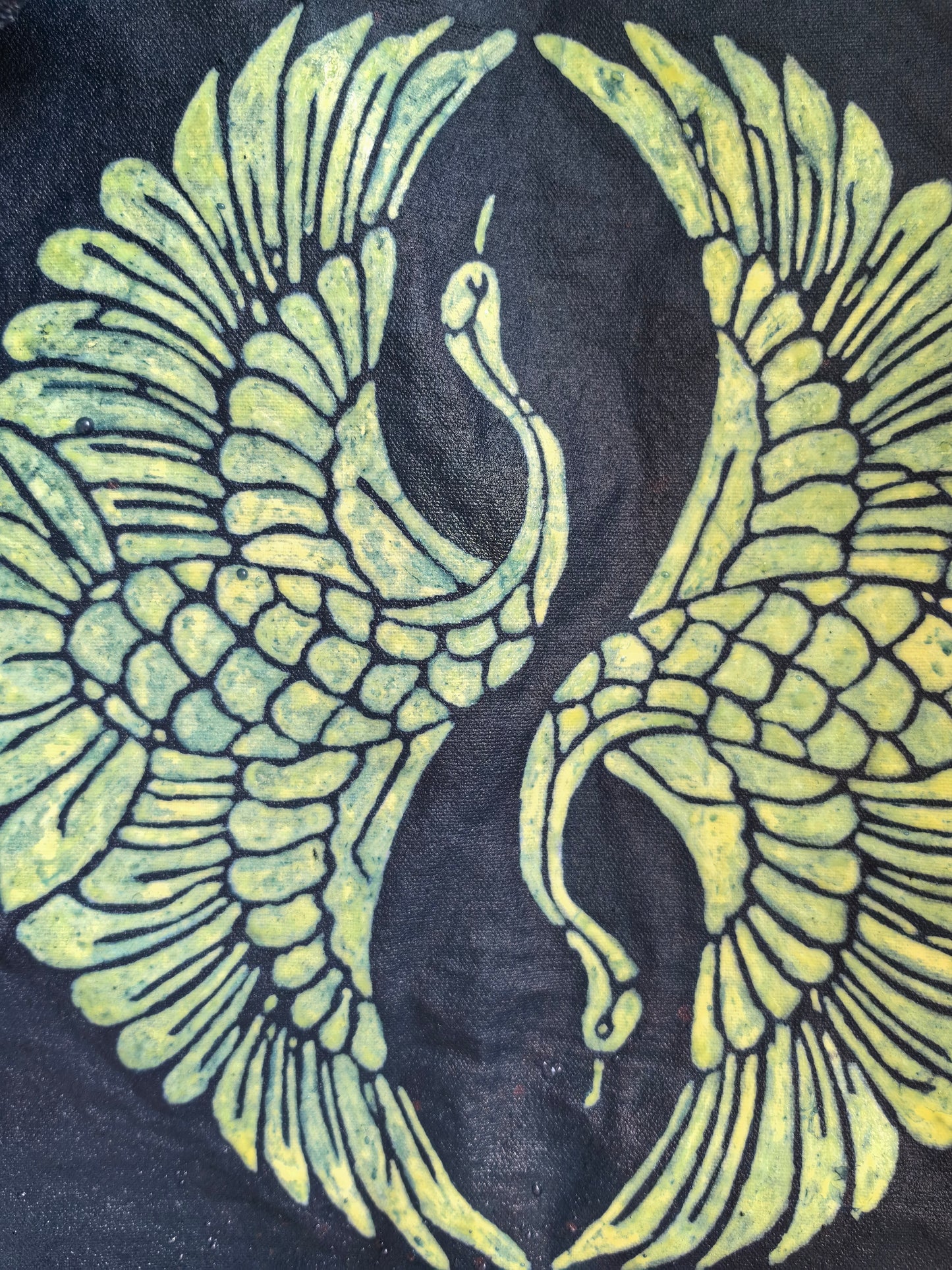 Indigo Batik Twin Cranes Linen Wall Art | Handmade Taiji Yin Yang Textile | Traditional Wax Resist Batik | Zen Home Décor | Meaningful Gift