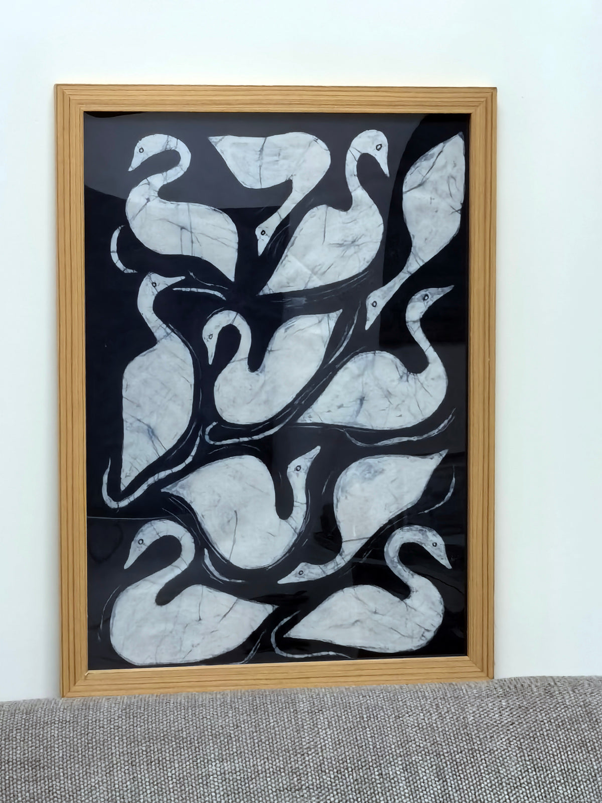 Indigo Batik Swan Wall Art | Handmade Linen Textile | Traditional Wax Resist Batik | Japandi Home Décor | Zen Wall Art | Meaningful Gift